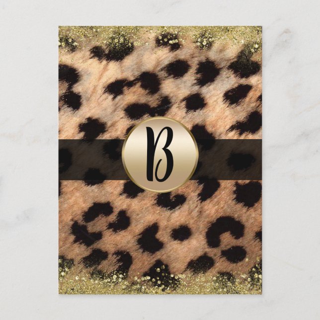 Leopard Cheetah Gold Glitter Monogram Flyer Mailer Announcement Postcard (Front)