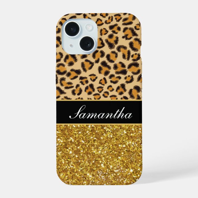 Leopard cheetah pattern gold glitter iPhone 15 case (Back)