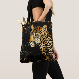 Leopard Cheetah Print Black Gold Jungle Leaves Tote Bag