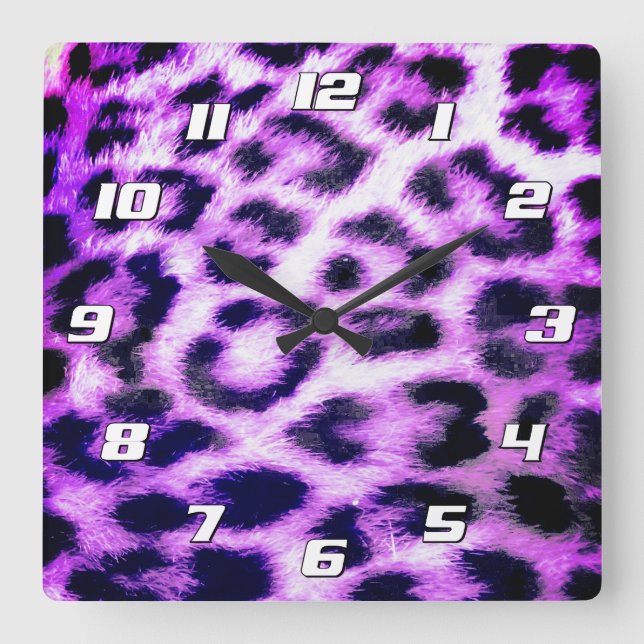 Leopard Cheetah Print Faux Fur pink with Numbers Square Wall Clock (Front)