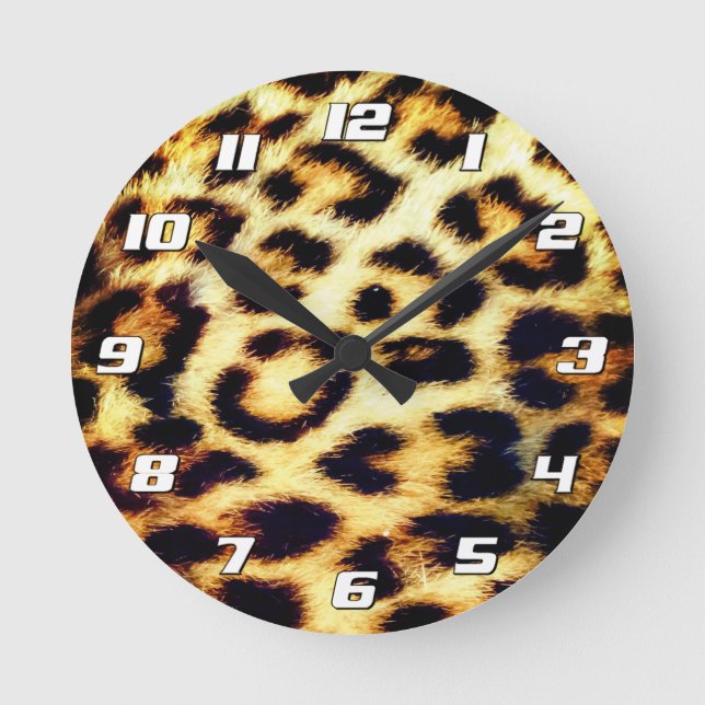 Leopard Cheetah Print Faux Fur with Numbers Round Clock (Front)