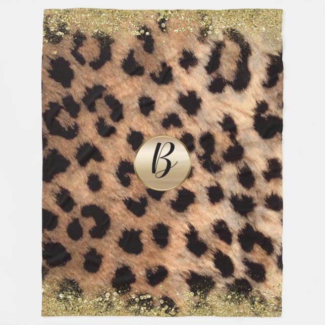 Leopard Cheetah Print Gold Glitter Glam Monogram Fleece Blanket (Front)
