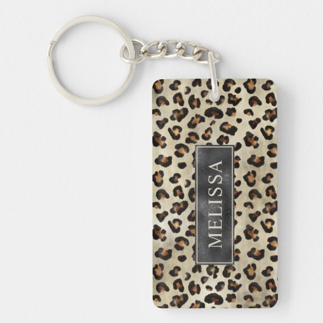 Leopard Cheetah Print With Black Faux Foil Texture Key Ring (Front)