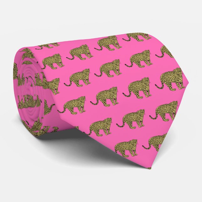 Leopard Cheetah Spotted Cat Drawing Hot Pink Tie (Rolled)