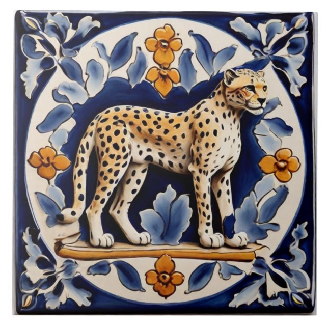 Leopard Cheetah Wild Animal Jungle Cat Dark Blue Ceramic Tile (Front)