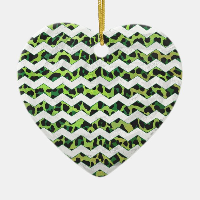 Leopard Chevron Black and Green Print Ceramic Tree Decoration (Front)