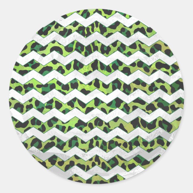 Leopard Chevron Black and Green Print Classic Round Sticker (Front)