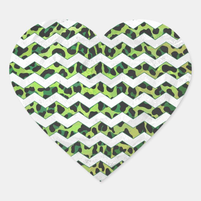 Leopard Chevron Black and Green Print Heart Sticker (Front)