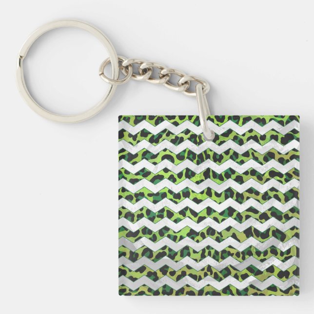Leopard Chevron Black and Green Print Key Ring (Front)