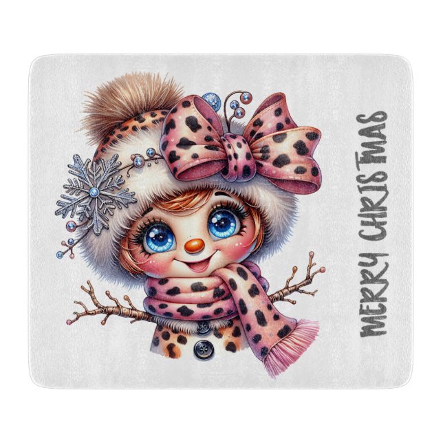 Leopard Chic Christmas Snowman Cutting Board (Front)