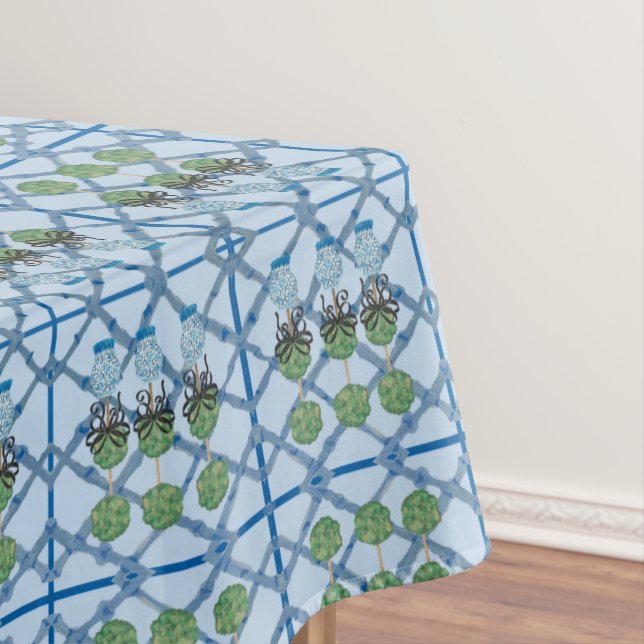 Leopard Chinoiserie Blue Ginger Jar Topiary   Tablecloth (In Situ)