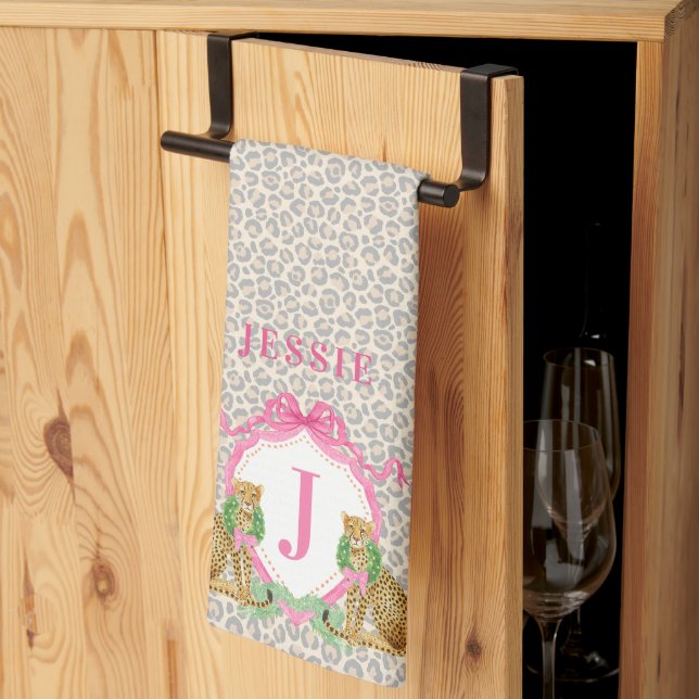 Leopard Christmas Crest Monogram With Name Tea Towel (Thirds Fold)