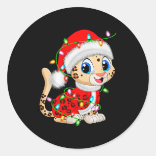 Leopard Christmas Lights Santa Costume Cute Animal Classic Round Sticker