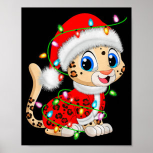 Leopard Christmas Lights Santa Costume Cute Animal Poster