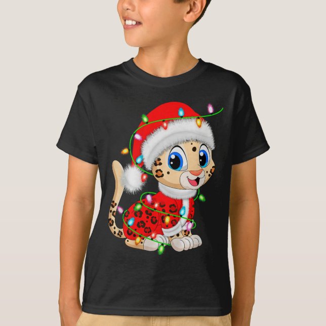 Leopard Christmas Lights Santa Costume Cute Animal T-Shirt (Front)