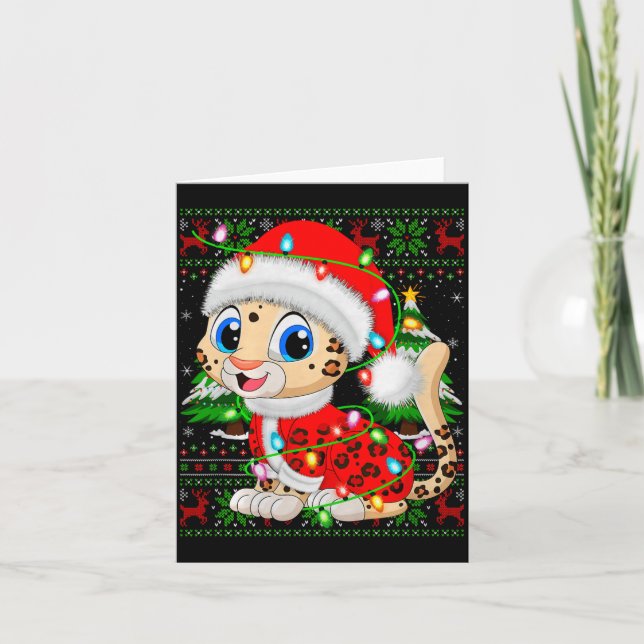 Leopard Christmas Lights Santa Costume Ugly Xmas S Card (Front)