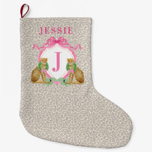 Leopard Christmas Wreath Monogram With Name Large Christmas Stocking