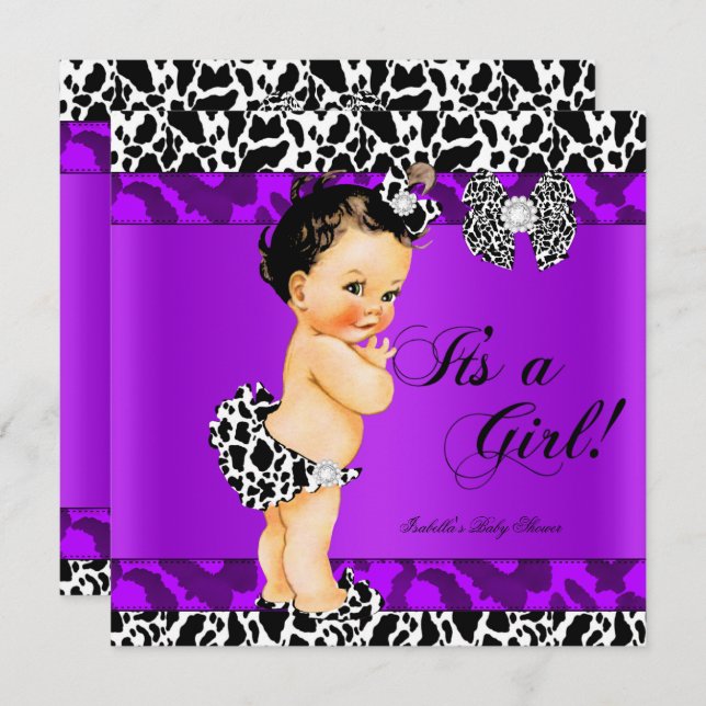 Leopard Cow Purple Girl Baby Shower Brunette Baby Invitation (Front/Back)
