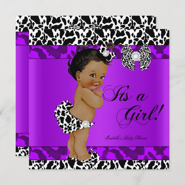 Leopard Cow Purple Girl Baby Shower Ethnic Invitation (Front/Back)