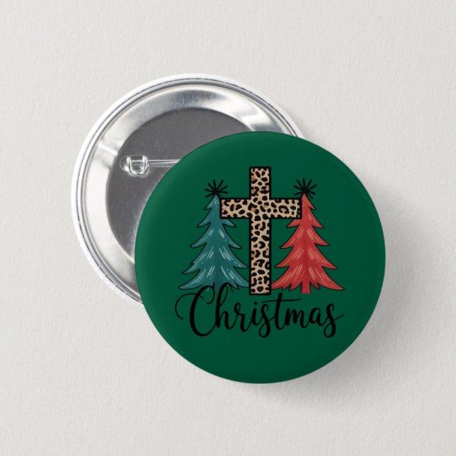 Leopard Cross Christmas Trees Christian  6 Cm Round Badge (Front & Back)