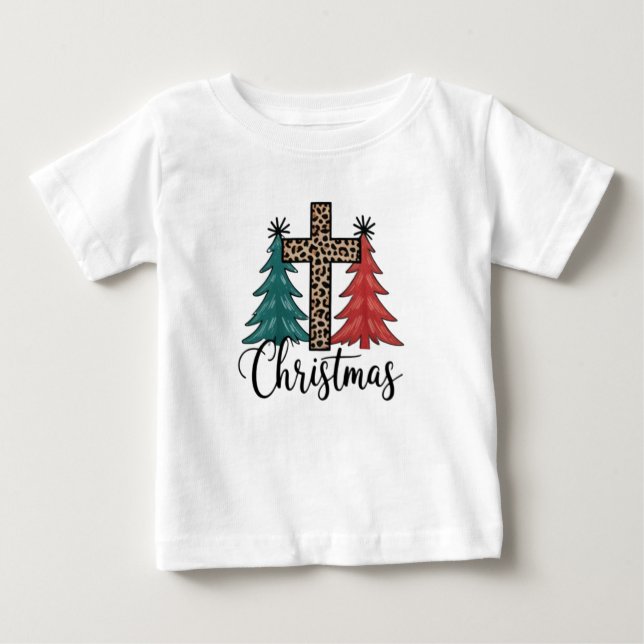 Leopard Cross Christmas Trees Christian  Baby T-Shirt (Front)