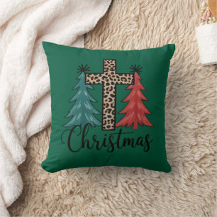 Leopard Cross Christmas Trees Christian  Cushion