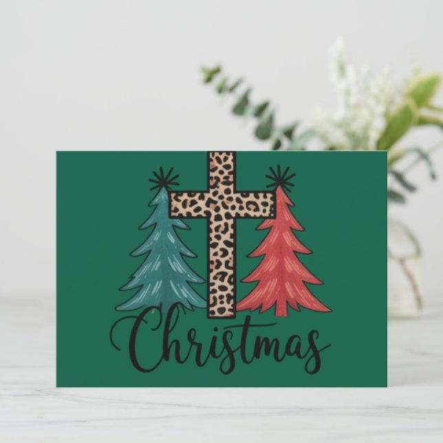 Leopard Cross Christmas Trees Christian  Holiday Card (Standing Front)