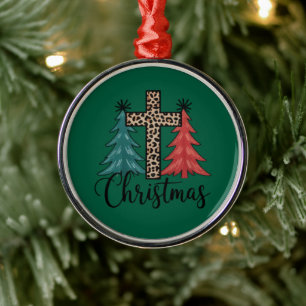 Leopard Cross Christmas Trees Christian  Metal Ornament