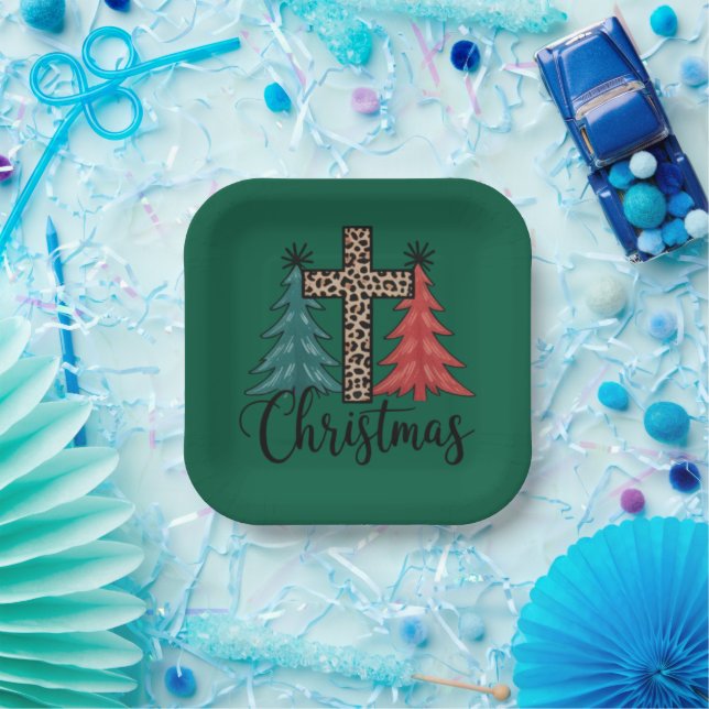 Leopard Cross Christmas Trees Christian  Paper Plate (Party)