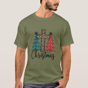 Leopard Cross Christmas Trees Christian T-Shirt