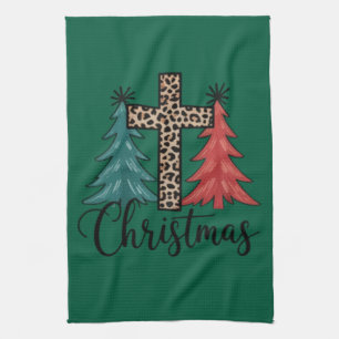 Leopard Cross Christmas Trees Christian  Tea Towel