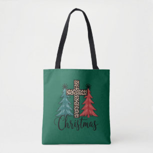 Leopard Cross Christmas Trees Christian Tote Bag