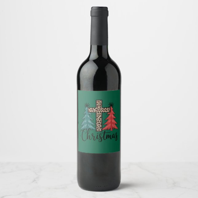 Leopard Cross Christmas Trees Christian  Wine Label (Front)