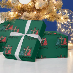 Leopard Cross Christmas Trees Christian  Wrapping Paper
