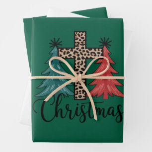 Leopard Cross Christmas Trees Christian  Wrapping Paper Sheet