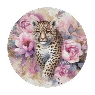 Leopard Cub and Roses Cutting Board