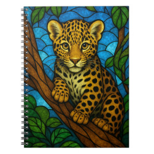 Leopard cub on a tree, stained glass digital art notebook