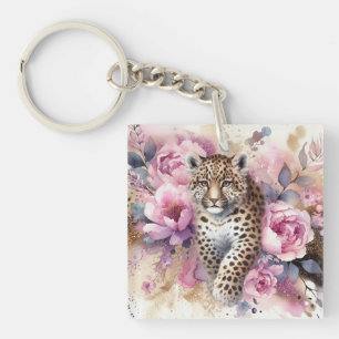 Leopard Cub & Roses Acrylic Keychain