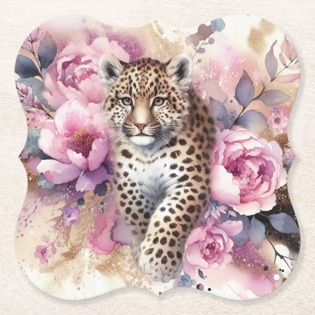Leopard Cub & Roses Paper Coaster (Front)