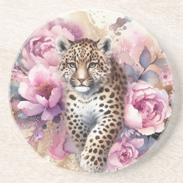 Leopard Cub & Roses Stonewear Coasters (Front)