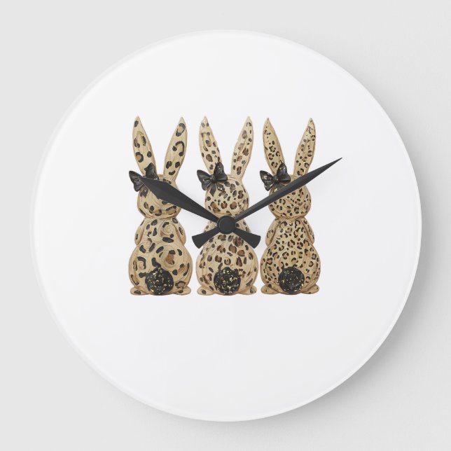 Leopard Cute Bunny Bow Funny Christian Easter Day  Large Clock (Front)