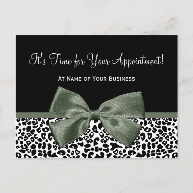 Leopard Dark Green Bow Salon Appointment Reminder Postcard (Front)