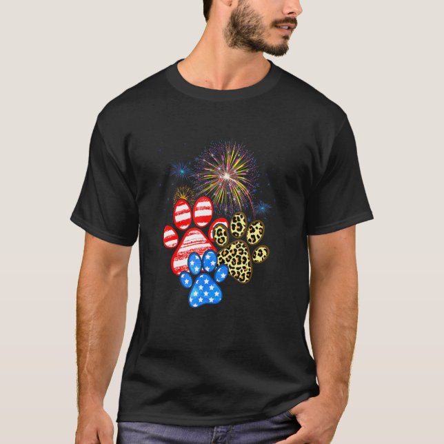 Leopard Dog Paw American Flag 4th Of July Pet Pupp T-Shirt (Front)