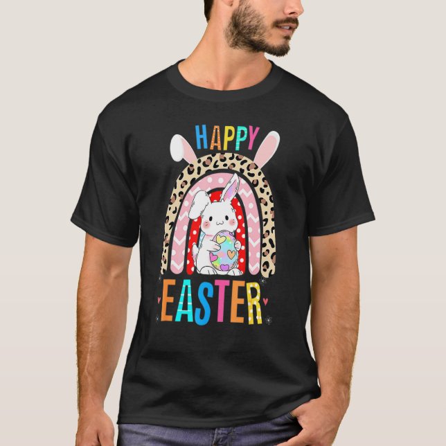 Leopard Easter Rainbow Bunny Rabbit Trio Cute Happ T-Shirt (Front)