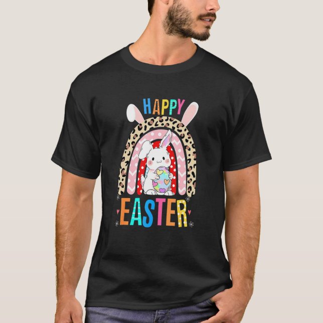 Leopard Easter Rainbow Bunny Rabbit Trio Cute Happ T-Shirt (Front)