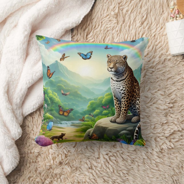 Leopard Elegance: Colourful Jungle Escape Cushion (Blanket)