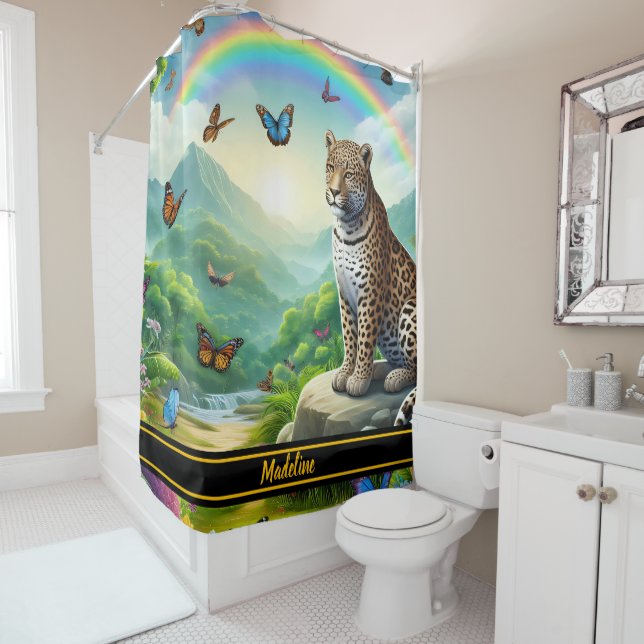 Leopard Elegance: Colourful Jungle Escape Shower Curtain (In Situ)