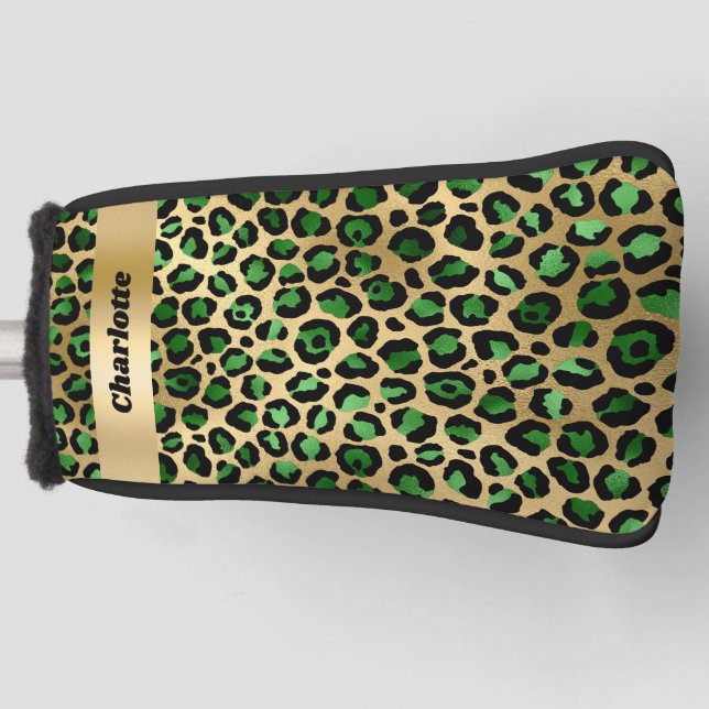 Leopard emerald green gold cheetah pattern name golf head cover (Front)