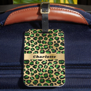 Leopard emerald green gold cheetah pattern name luggage tag