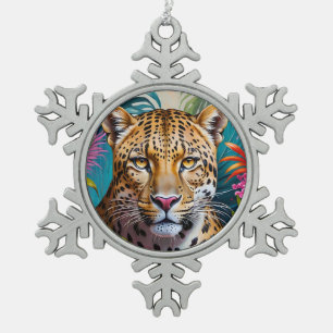 Leopard face in flowers snowflake pewter christmas ornament
